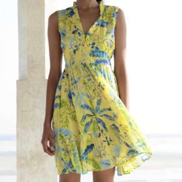 Banjanan Diana Dress In Lisbon‎ Garden Sunshine Tropical Floral Cotton Sz M